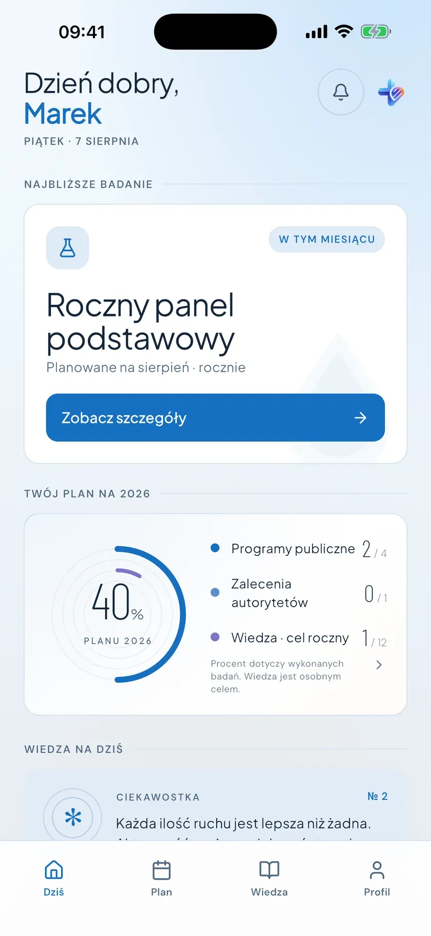 Ekran główny aplikacji BadajNaCzas: najbliższe badanie i postęp rocznego planu