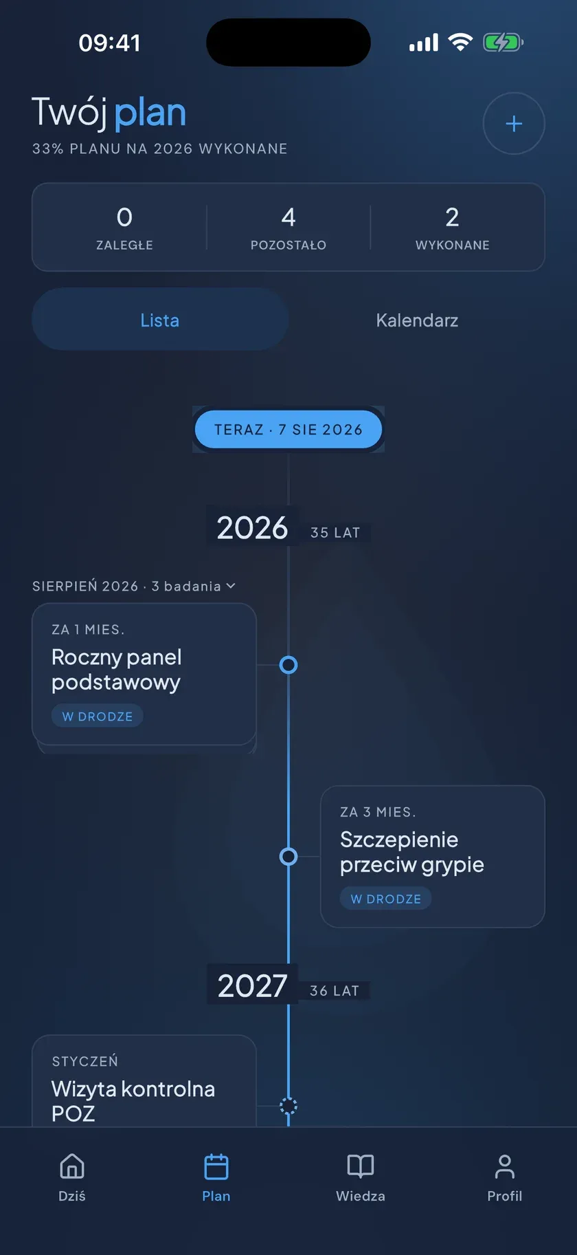 Oś czasu najbliższych badań w aplikacji BadajNaCzas