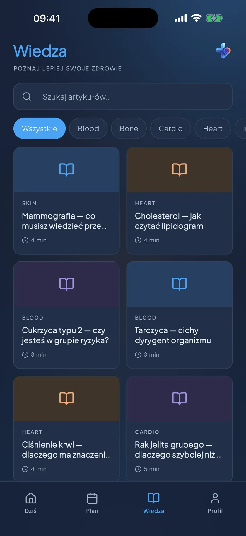Sekcja Wiedza z artykułami edukacyjnymi w aplikacji BadajNaCzas