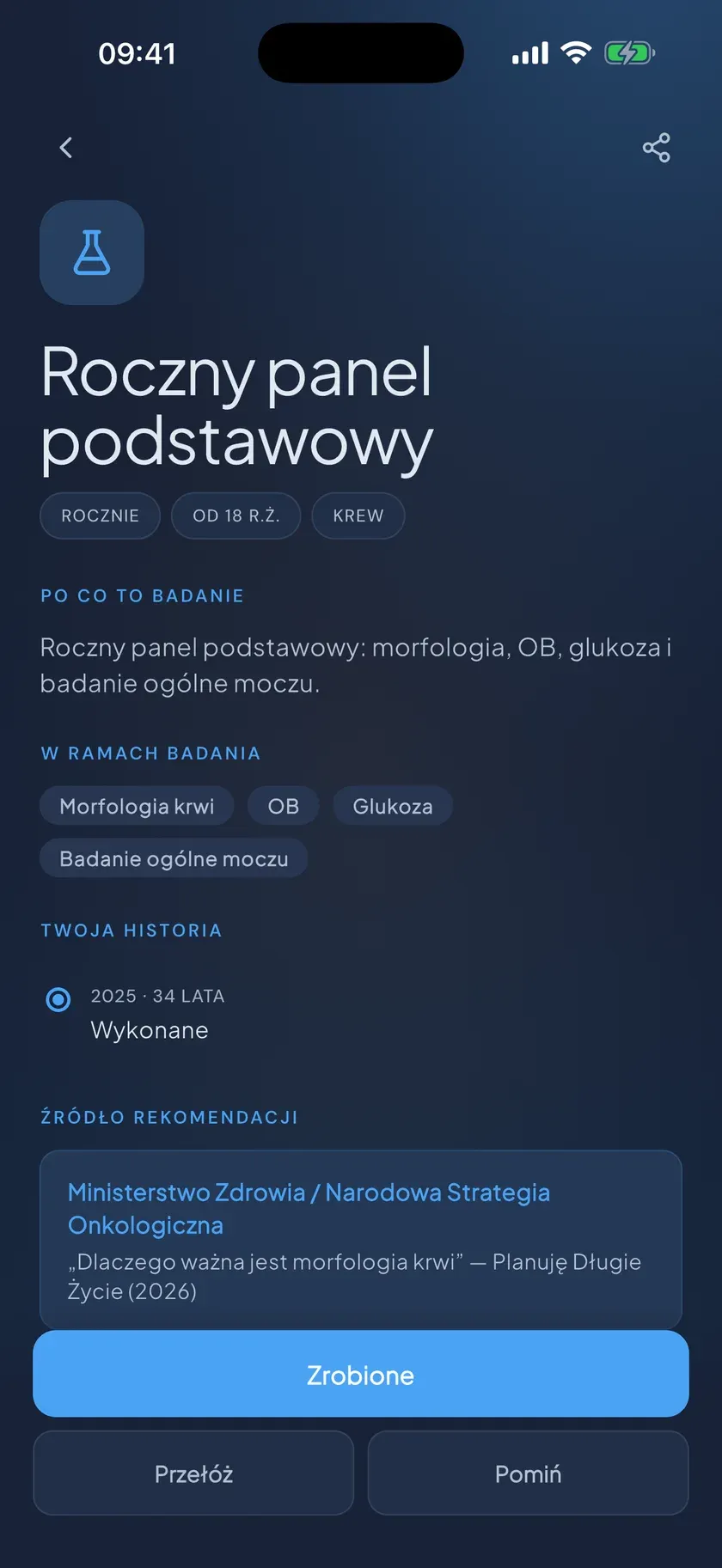 Szczegóły badania ze źródłem rekomendacji w aplikacji BadajNaCzas