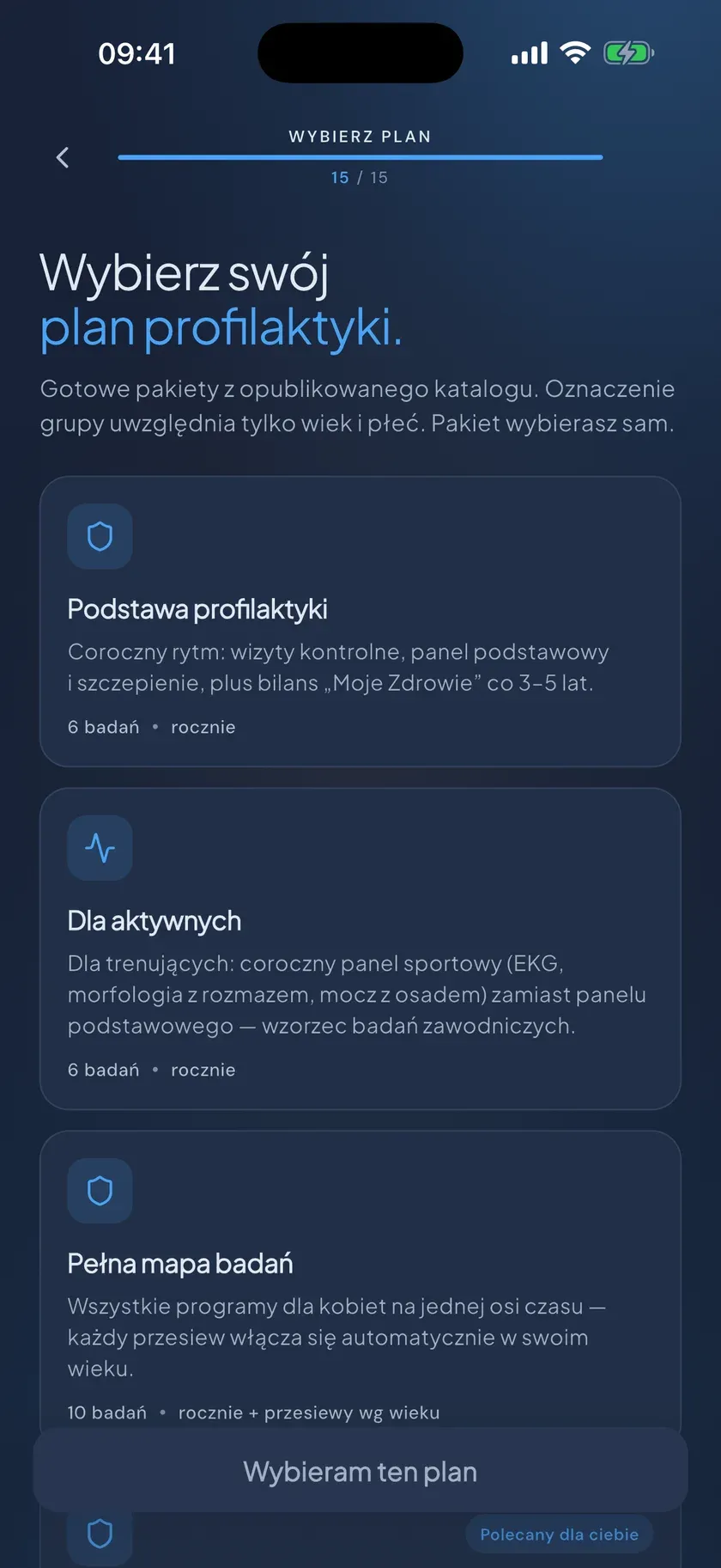 Ekran wyboru gotowego planu badań w aplikacji BadajNaCzas