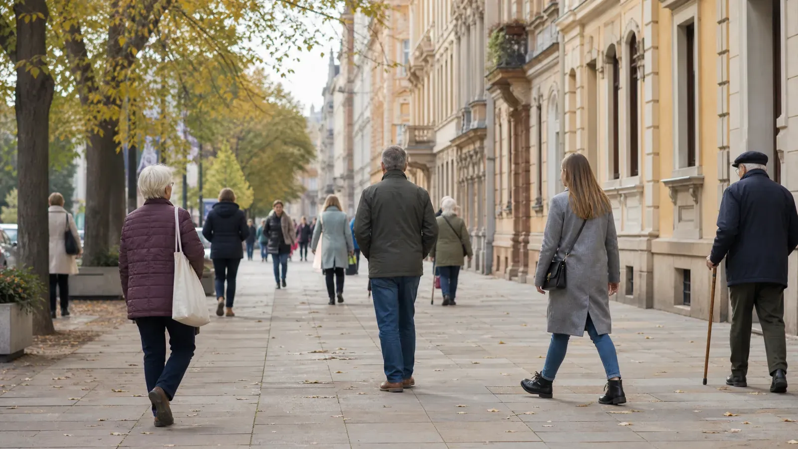 Przechodnie w różnym wieku idą chodnikiem w centrum miasta jesienią.