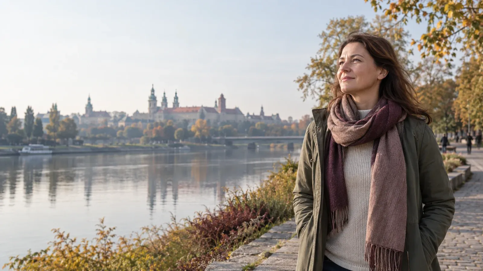 Kobieta zatrzymuje się na spokojny oddech podczas spaceru nad rzeką.