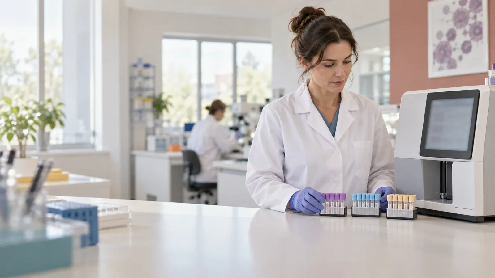 Diagnostka układa trzy statywy próbek obok analizatora hematologicznego.