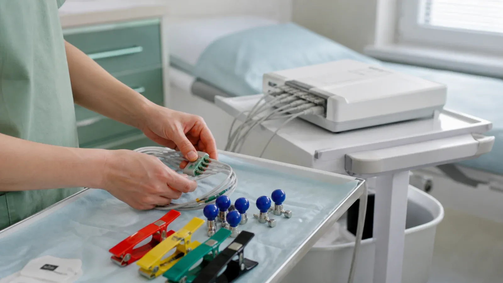 Personel medyczny przygotowujący elektrody i przewody do spoczynkowego EKG