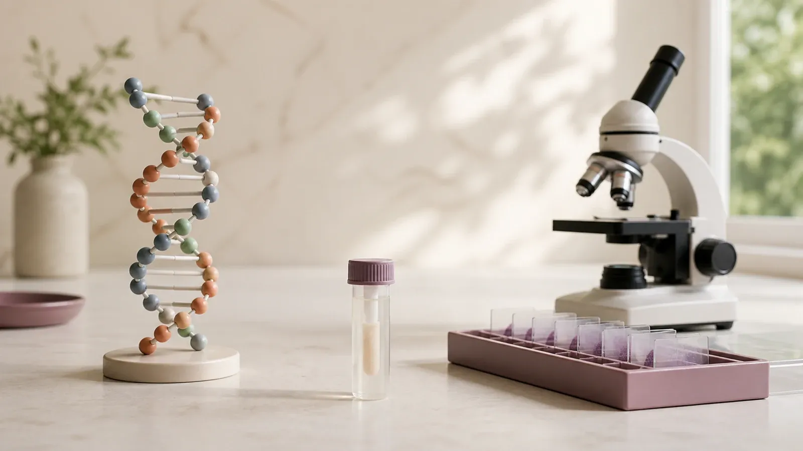 Model nici DNA, próbka, szkiełka i mikroskop symbolizujące test HPV HR i cytologię.