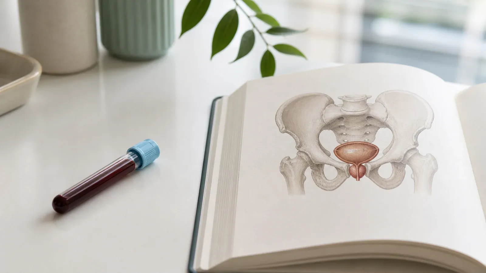Probówka obok otwartej książki medycznej z ilustracją miednicy i prostaty.