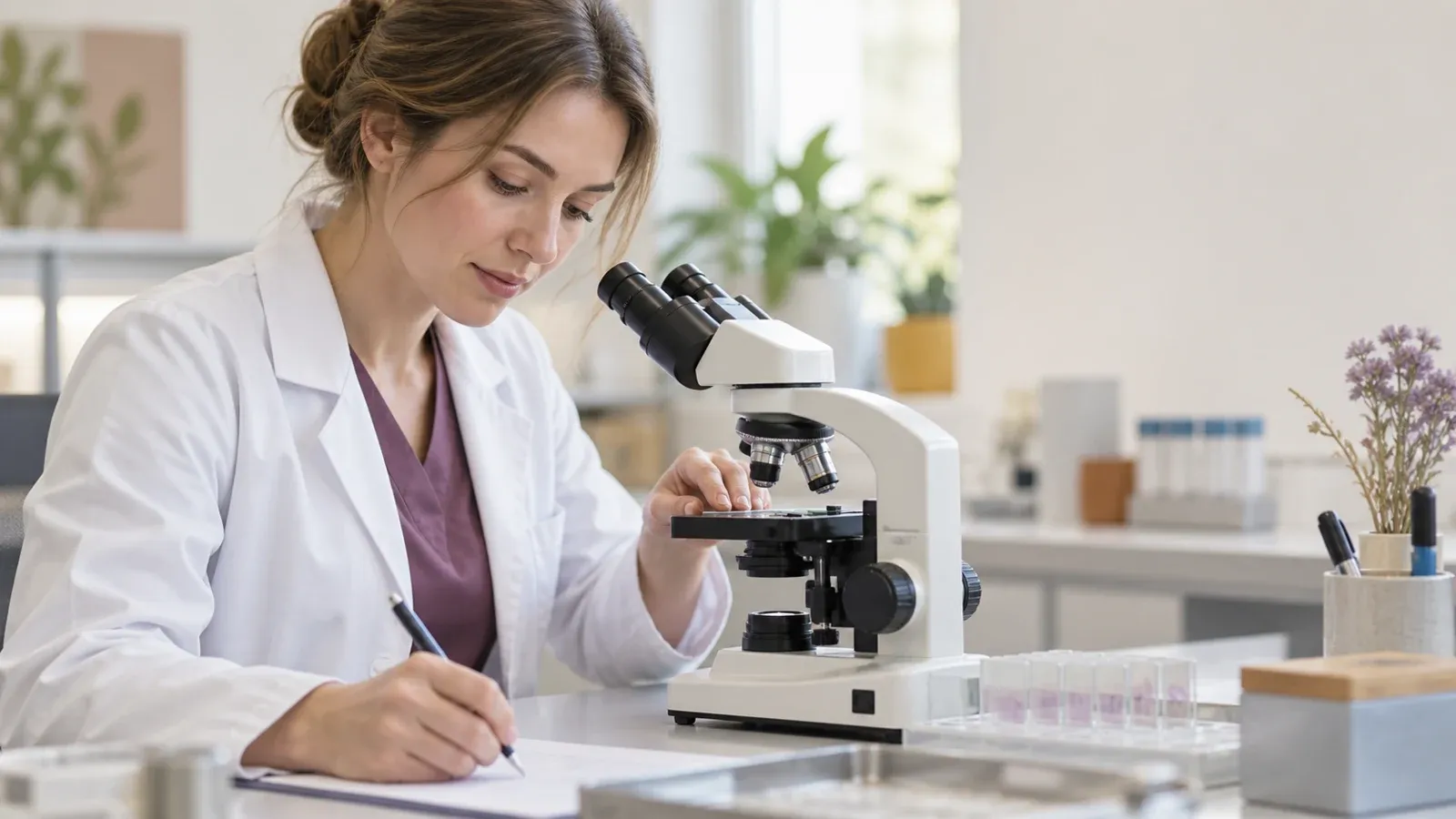 Diagnostka umieszcza szkiełko pod mikroskopem i zapisuje obserwacje.