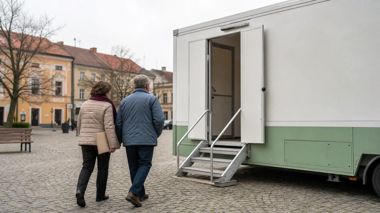 Kobieta i mężczyzna po sześćdziesiątce idą w stronę mobilnej pracowni tomografii zaparkowanej na placu małego miasta.