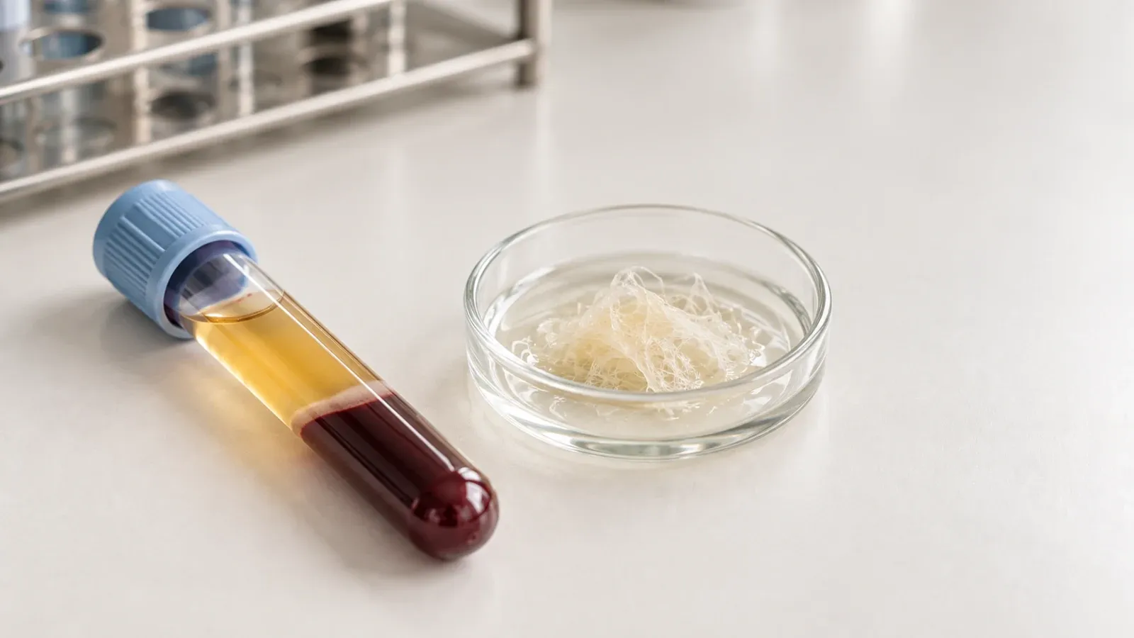 Probówka z osoczem i naczynko z jasną siatką skrzepu fibrynowego na jasnym blacie laboratoryjnym.