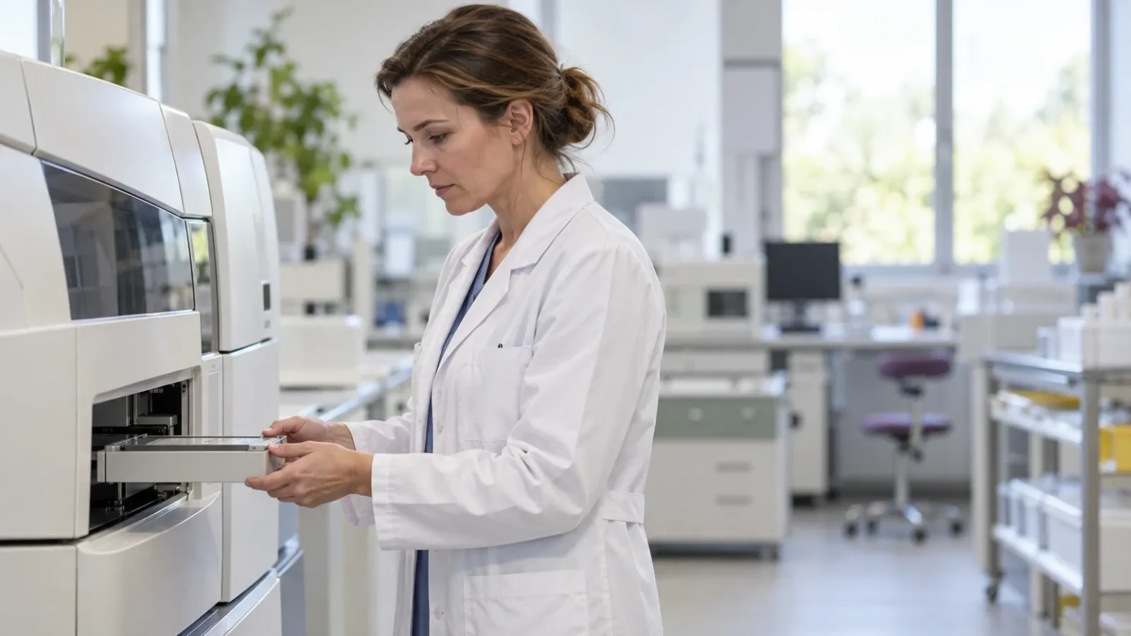 Diagnostka laboratoryjna obsługuje analizator immunochemiczny w jasnym laboratorium.