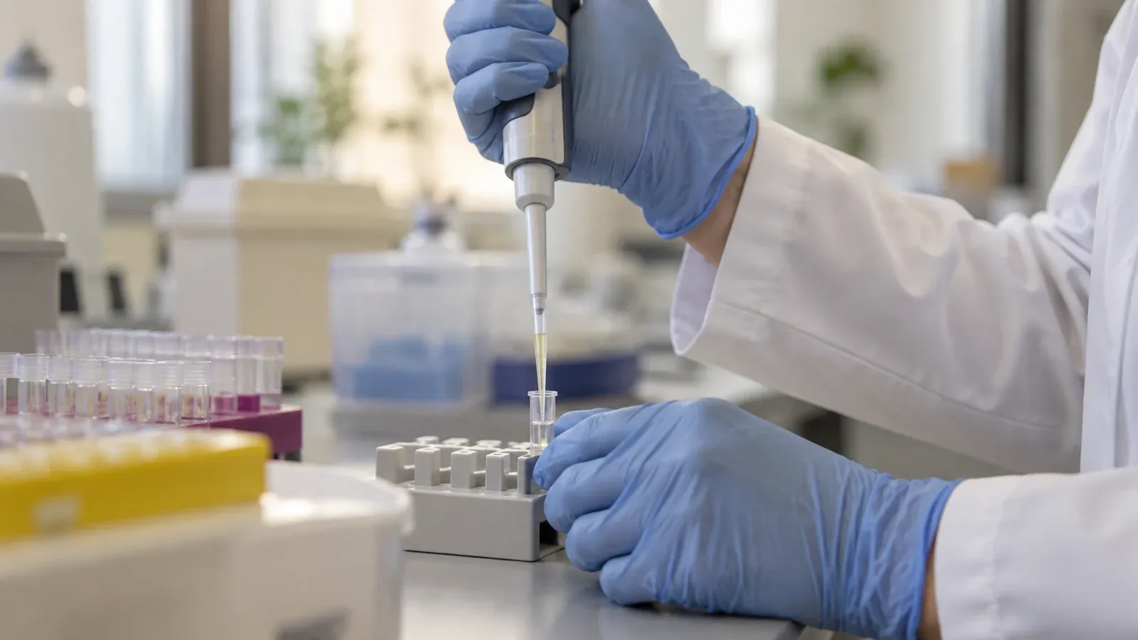 Diagnosta laboratoryjny przygotowuje próbkę do badania biochemicznego za pomocą pipety.