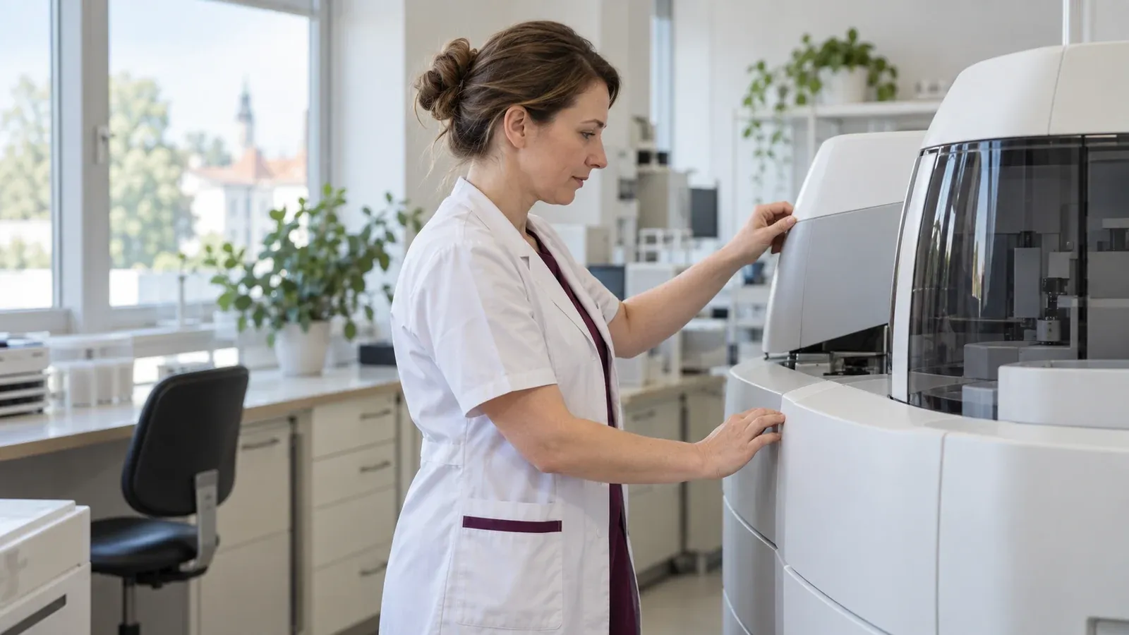 Diagnostka laboratoryjna kontroluje analizator w jasnej pracowni medycznej.