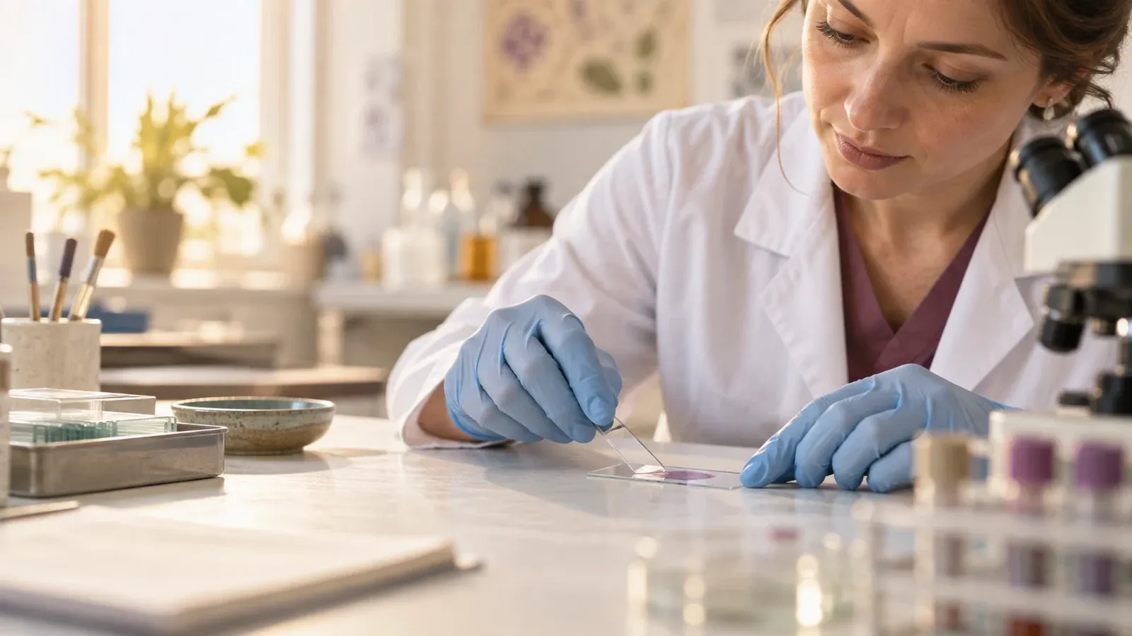 Diagnostka przygotowuje rozmaz na szkiełku obok mikroskopu laboratoryjnego.