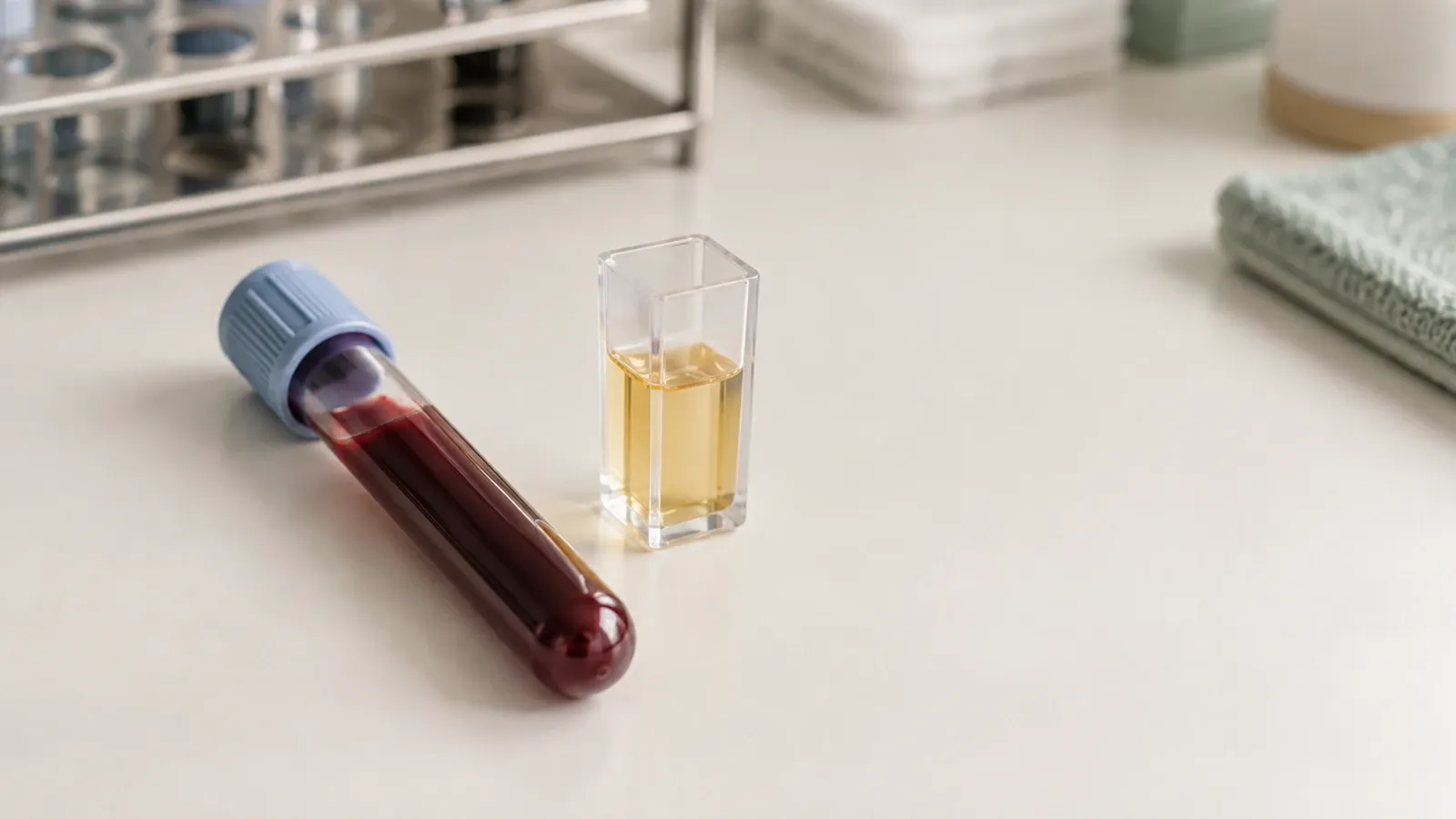 Probówka do badań krzepnięcia i kuweta z osoczem na jasnym blacie laboratoryjnym.