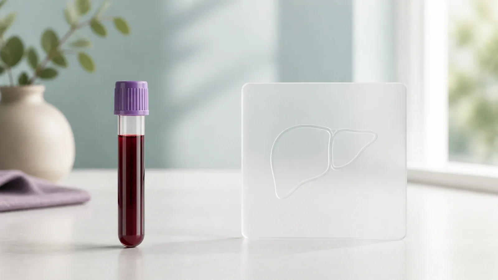Zamknięta probówka laboratoryjna obok subtelnego konturu wątroby.